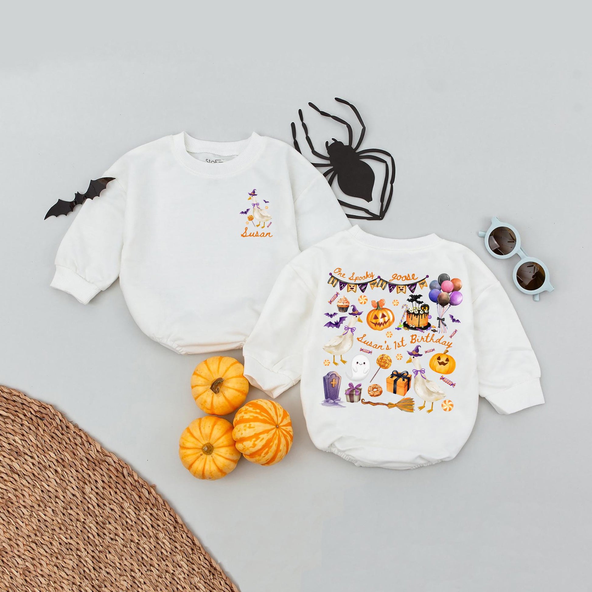 Personalized Spooky Goose Halloween Birthday Romper for Baby Girl or Boy One Spooky Goose Fall Outfit
