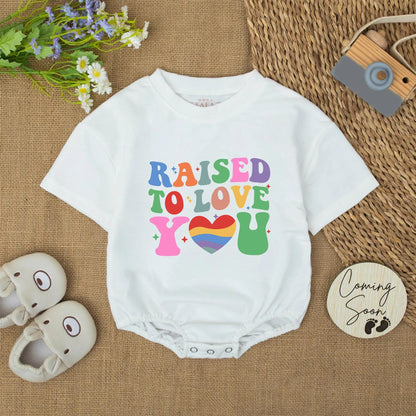 Raised to Love You Baby Romper, Rainbow Pride Bodysuit Outfit for Baby, Colorful Retro Infant Clothes, Love Wins Baby Shower Gift, Inclusive Stars (140)