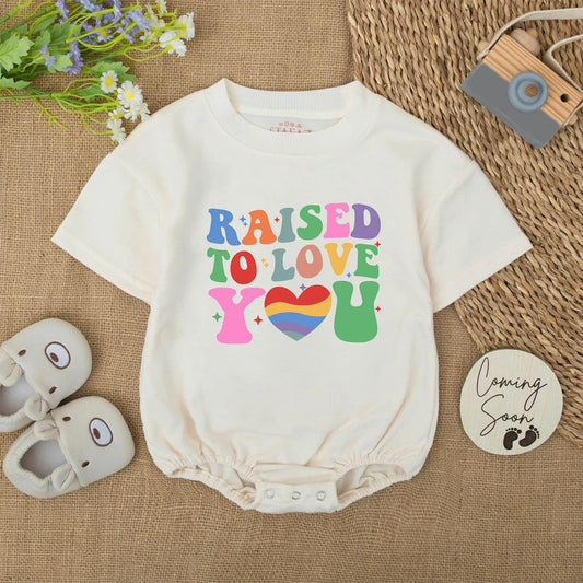 Raised to Love You Baby Romper, Rainbow Pride Bodysuit Outfit for Baby, Colorful Retro Infant Clothes, Love Wins Baby Shower Gift, Inclusive Stars (140)