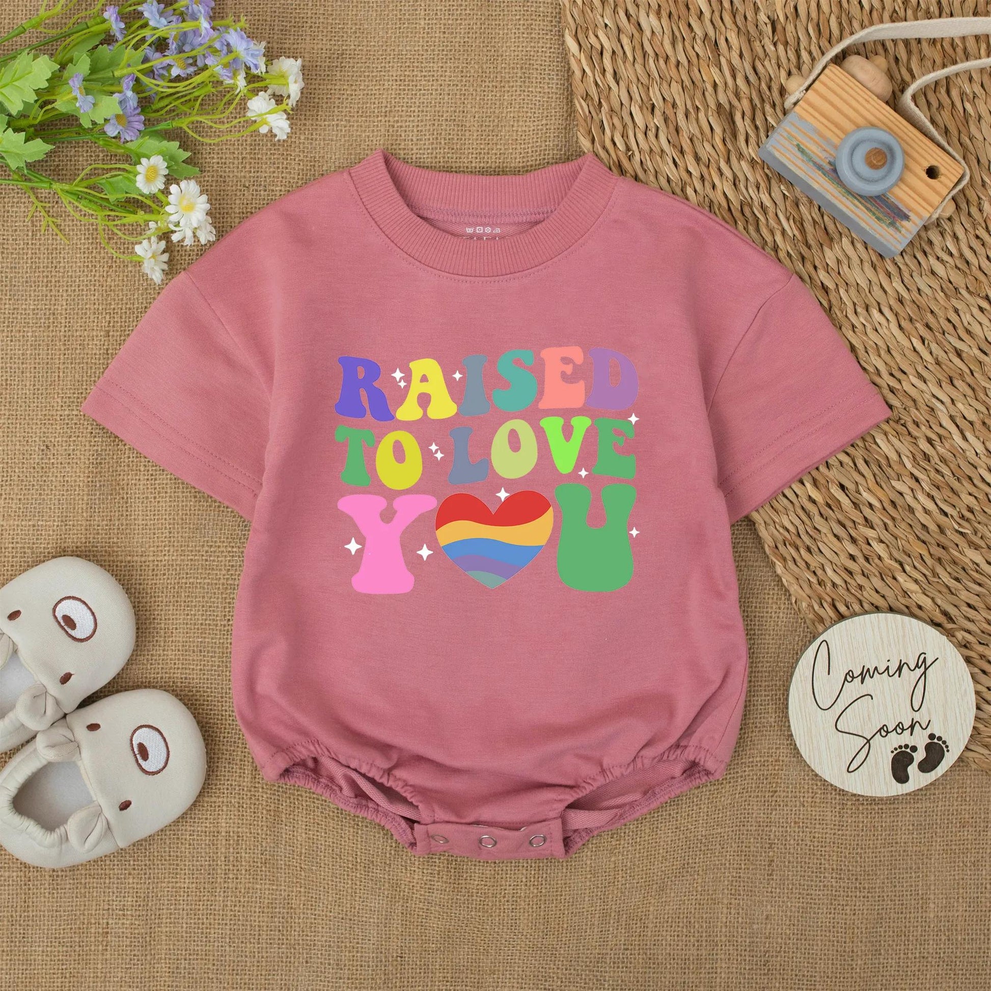Raised to Love You Baby Romper, Rainbow Pride Bodysuit Outfit for Baby, Colorful Retro Infant Clothes, Love Wins Baby Shower Gift, Inclusive Stars (140)