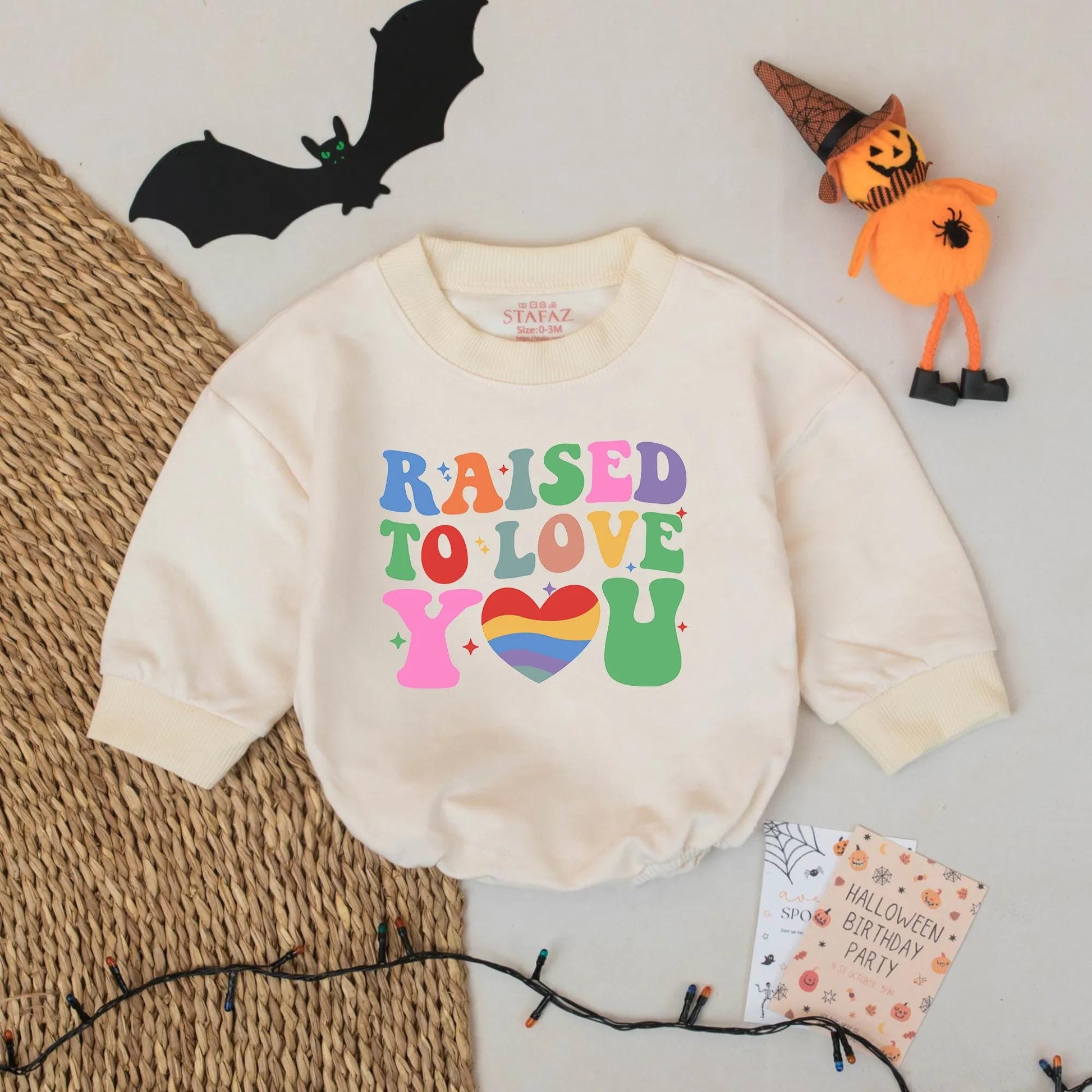 Raised to Love You Baby Romper, Rainbow Pride Bodysuit Outfit for Baby, Colorful Retro Infant Clothes, Love Wins Baby Shower Gift, Inclusive Stars (140)