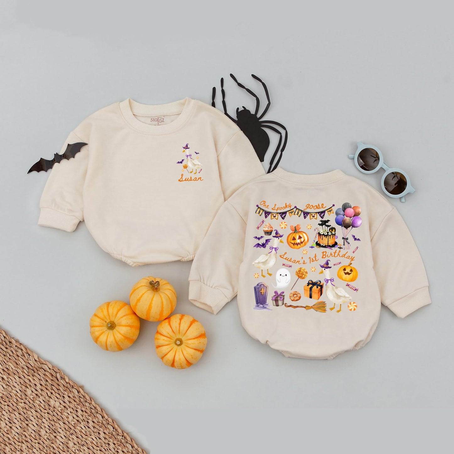 Personalized Spooky Goose Halloween Birthday Romper for Baby Girl or Boy One Spooky Goose Fall Outfit