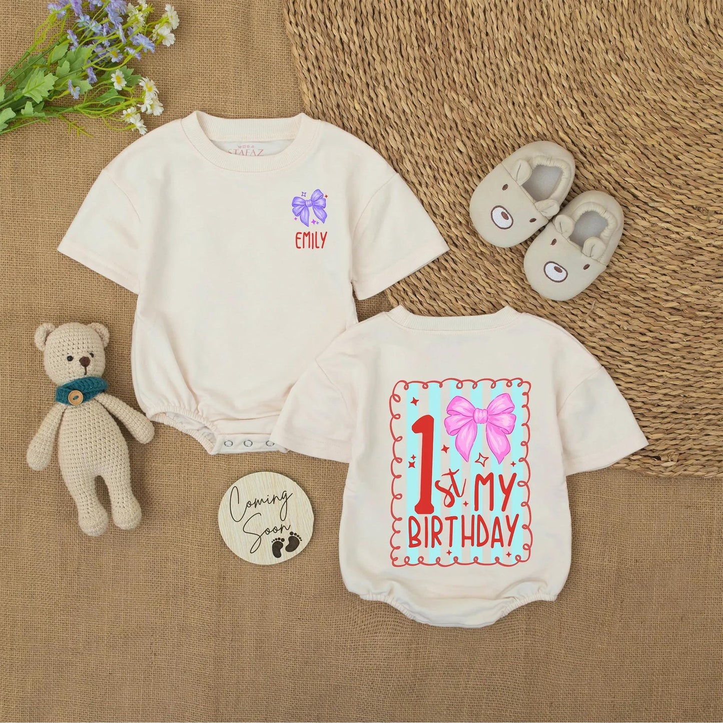 Custom 1st Birthday Girl Onesie with Pink Bow & Name | Baby Party Outfit | Red Stripe Design Bodysuit