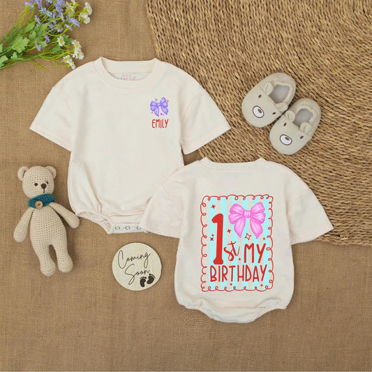 Custom 1st Birthday Girl Onesie with Pink Bow & Name | Baby Party Outfit | Red Stripe Design Bodysuit