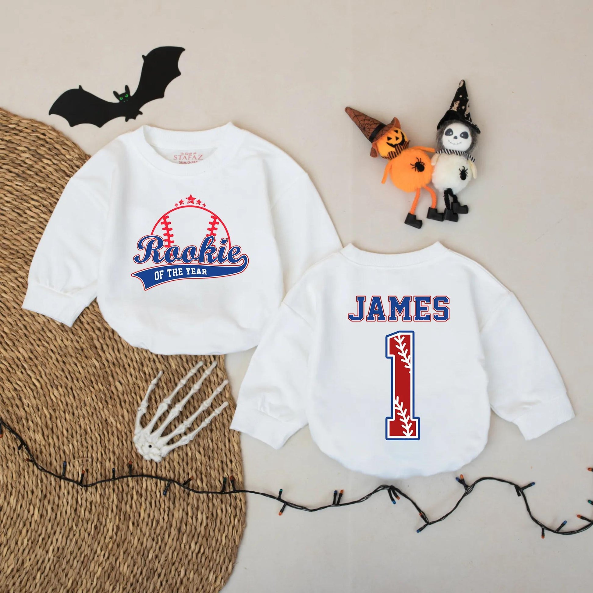 Rookie Of The Year Baseball Romper Custom Name James Number 1 Blue Red Outline Infant Outfit Baby Shower Gift