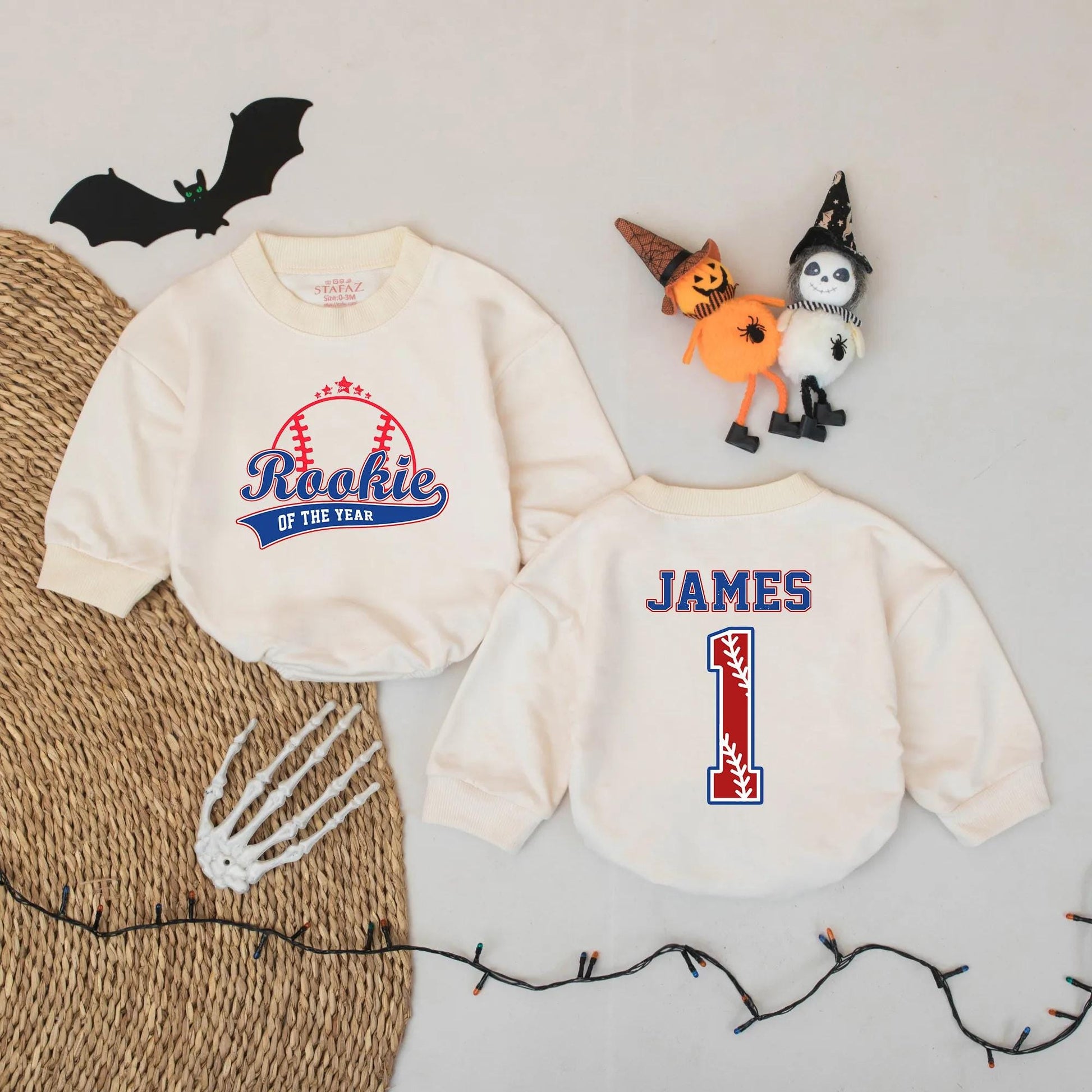 Rookie Of The Year Baseball Romper Custom Name James Number 1 Blue Red Outline Infant Outfit Baby Shower Gift