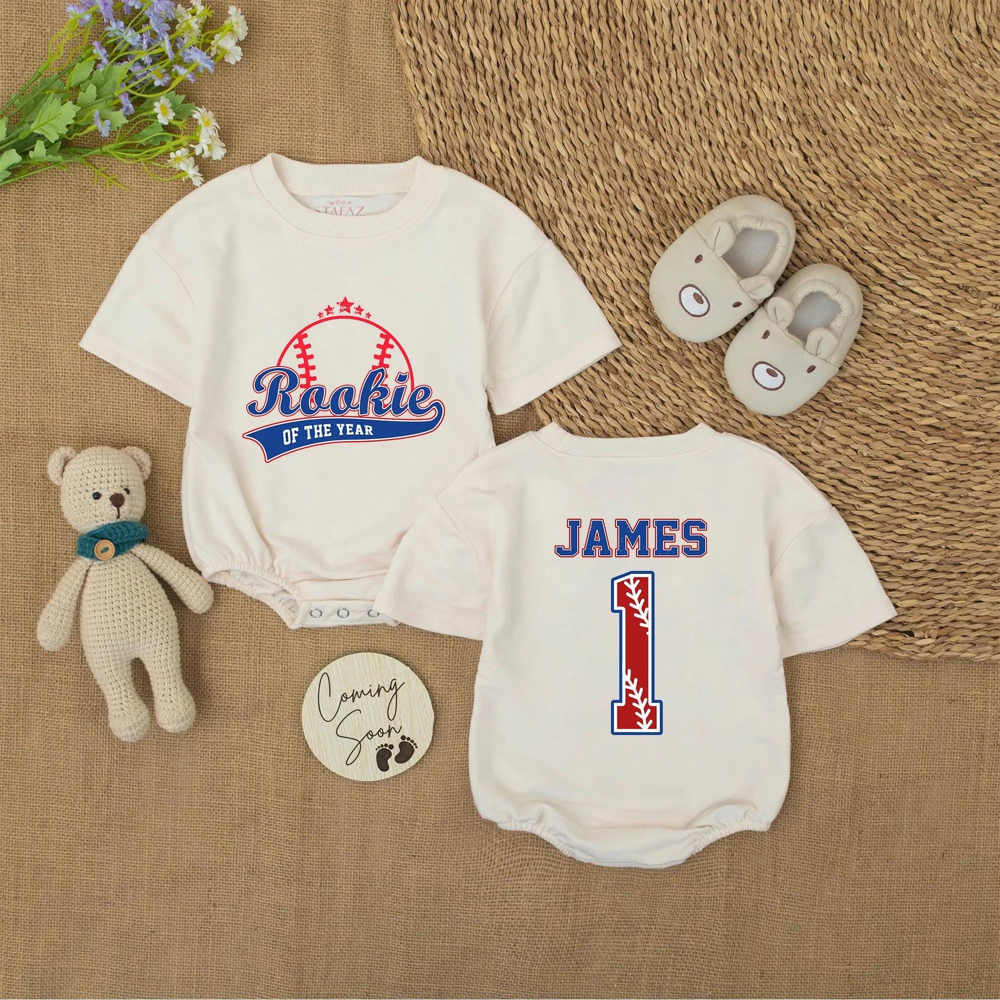 Rookie Of The Year Baseball Romper Custom Name James Number 1 Blue Red Outline Infant Outfit Baby Shower Gift