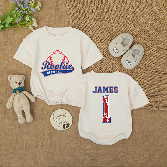 Rookie Of The Year Baseball Romper Custom Name James Number 1 Blue Red Outline Infant Outfit Baby Shower Gift