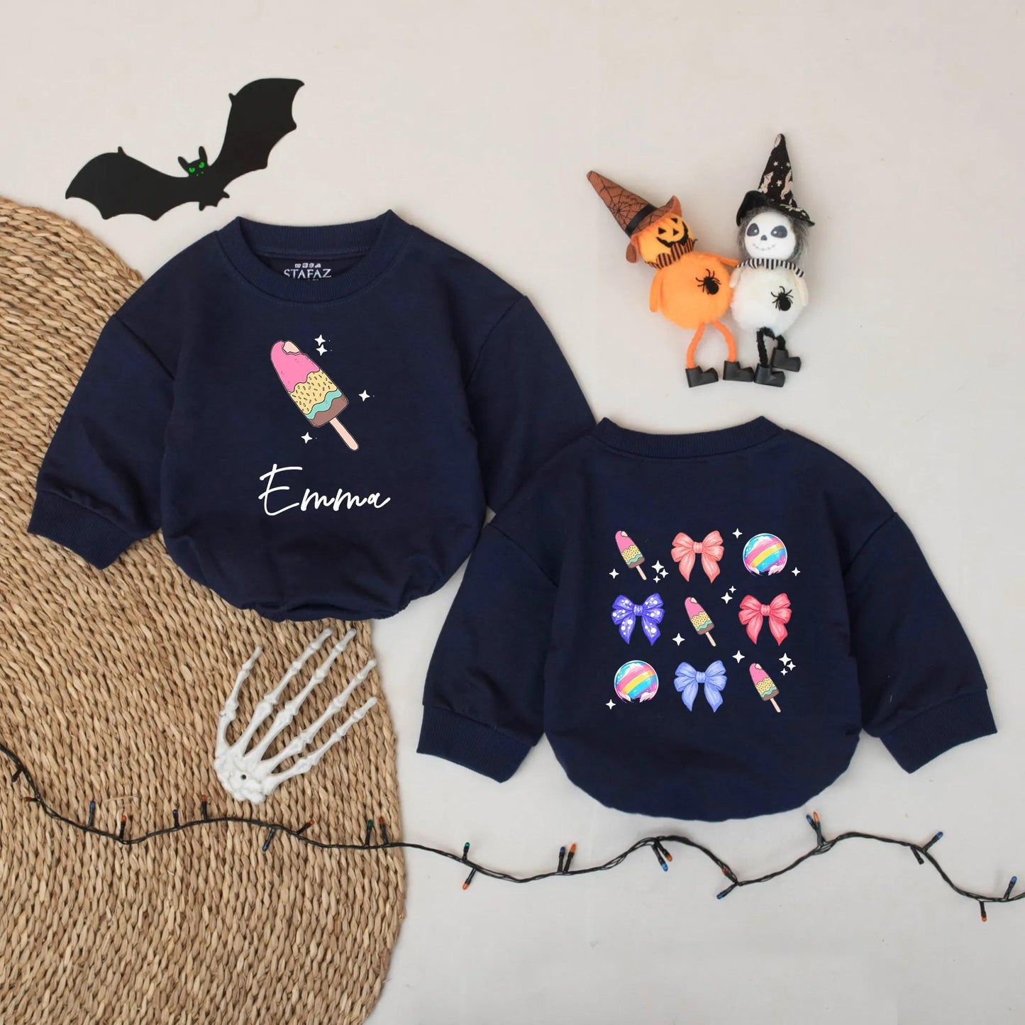 Emma's Sweet Treat Romper: Custom Name Ice Cream Popsicles & Bows Baby Girl Onesie, Cute Pastel Colors Summer Outfit, Personalized Infant Bodysuit Gift