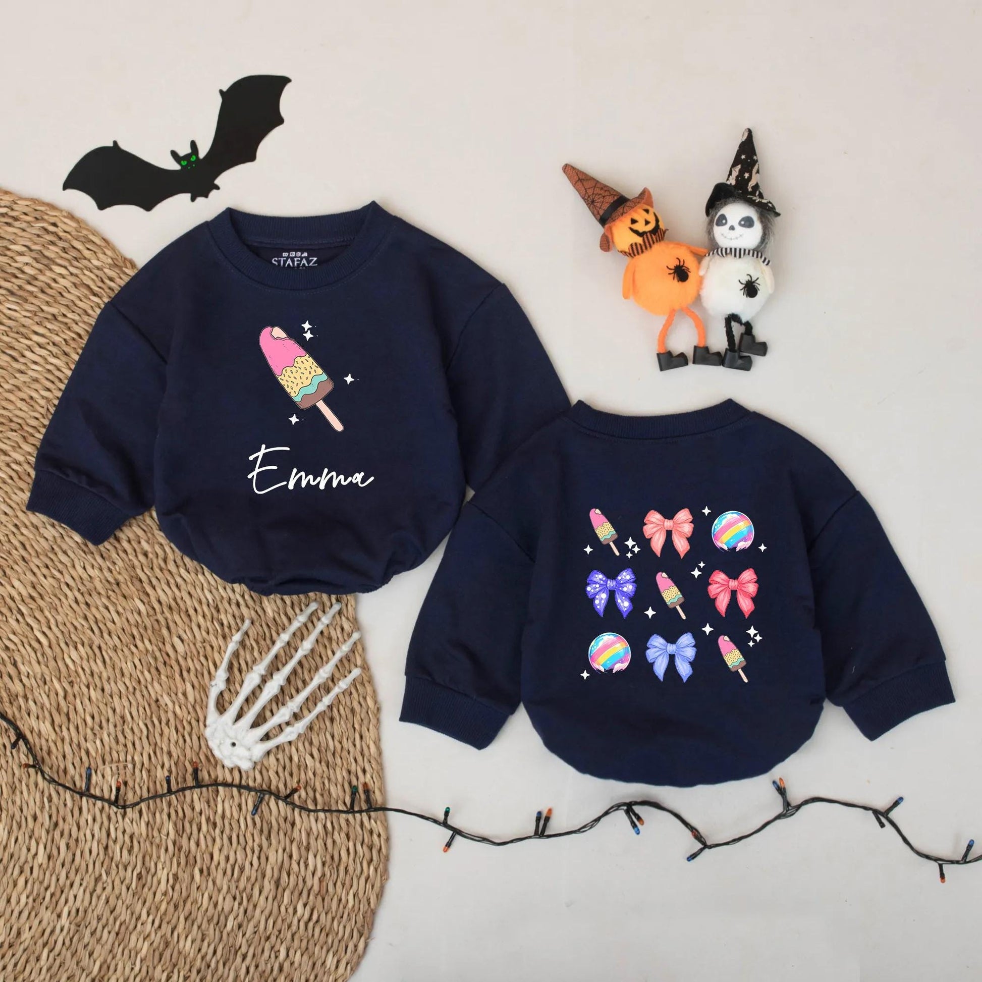 Emma's Sweet Treat Romper: Custom Name Ice Cream Popsicles & Bows Baby Girl Onesie, Cute Pastel Colors Summer Outfit, Personalized Infant Bodysuit Gift