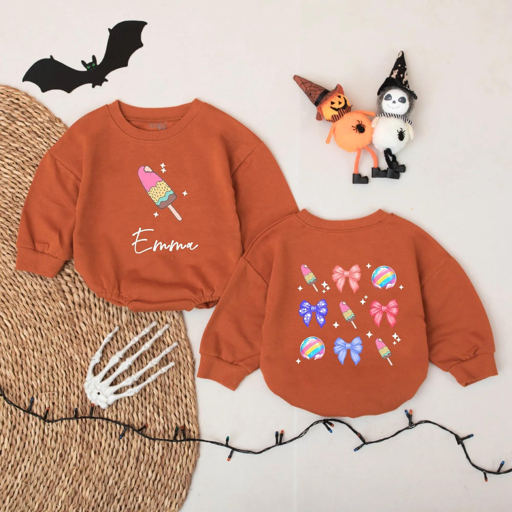 Emma's Sweet Treat Romper: Custom Name Ice Cream Popsicles & Bows Baby Girl Onesie, Cute Pastel Colors Summer Outfit, Personalized Infant Bodysuit Gift