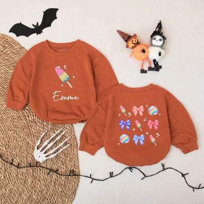 Emma's Sweet Treat Romper: Custom Name Ice Cream Popsicles & Bows Baby Girl Onesie, Cute Pastel Colors Summer Outfit, Personalized Infant Bodysuit Gift