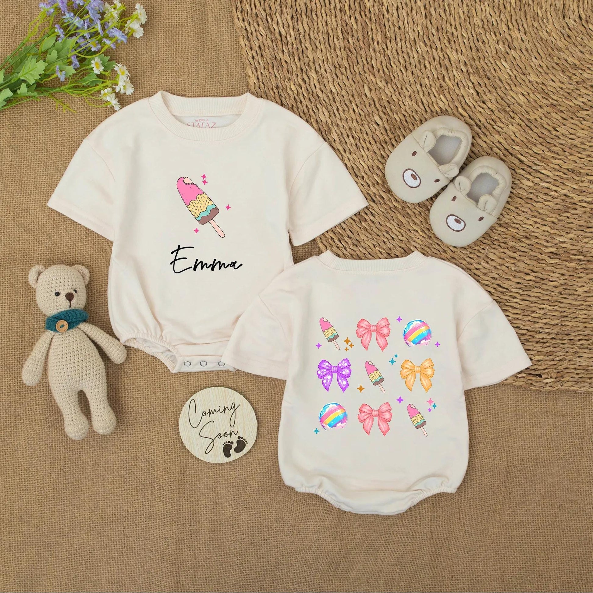 Emma's Sweet Treat Romper: Custom Name Ice Cream Popsicles & Bows Baby Girl Onesie, Cute Pastel Colors Summer Outfit, Personalized Infant Bodysuit Gift