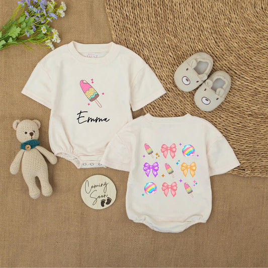 Emma's Sweet Treat Romper: Custom Name Ice Cream Popsicles & Bows Baby Girl Onesie, Cute Pastel Colors Summer Outfit, Personalized Infant Bodysuit Gift