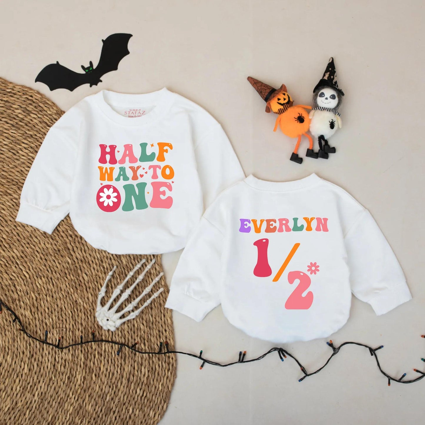 Personalized Retro 6 Month Baby Girl Romper, Halfway to One Bodysuit, Everlyn Name Custom Outfit, 70s Style Milestone Photo Gift