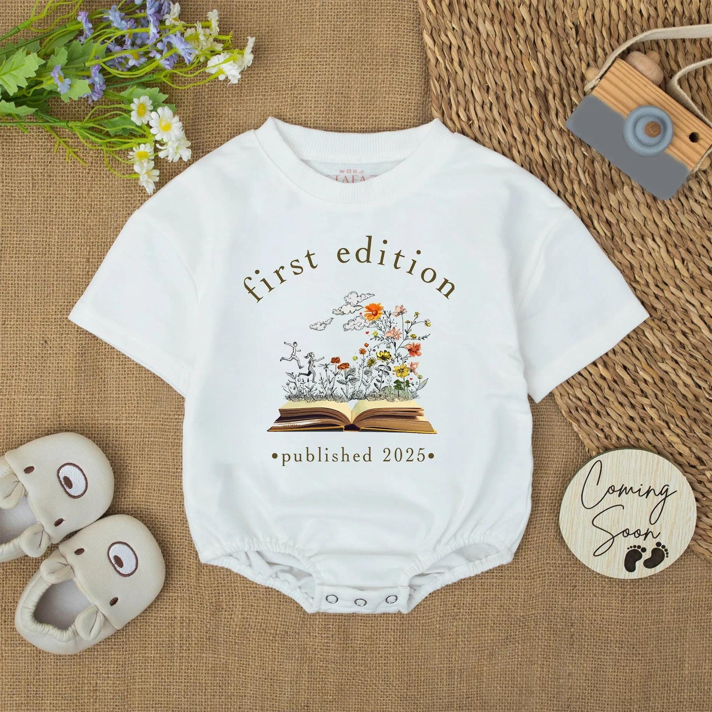 First Edition Baby Romper Published 2025 Whimsical Bookish Design Gold Brown Flowers Newborn Reader Outfit Baby Shower Gift