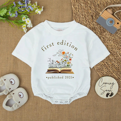 First Edition Baby Romper Published 2025 Whimsical Bookish Design Gold Brown Flowers Newborn Reader Outfit Baby Shower Gift