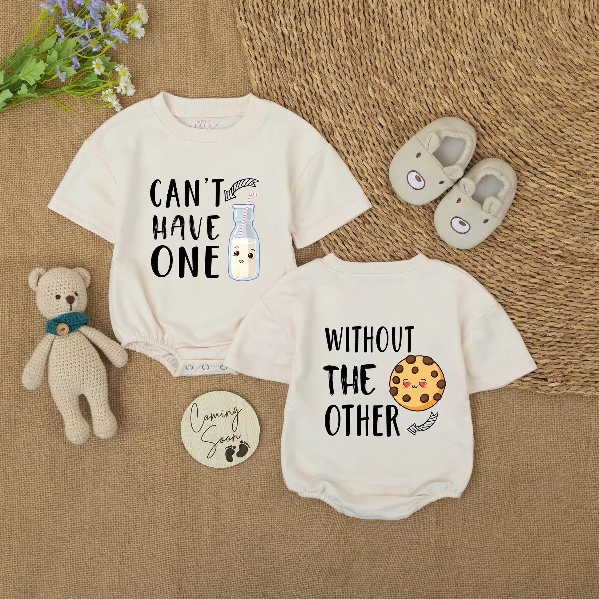 Can't Have One Without The Other Twin Rompers Cute Cookie Milk Matching Baby Outfits Funny Newborn Bodysuit Set Sibling Gift Unique Shower Present 139 Chars