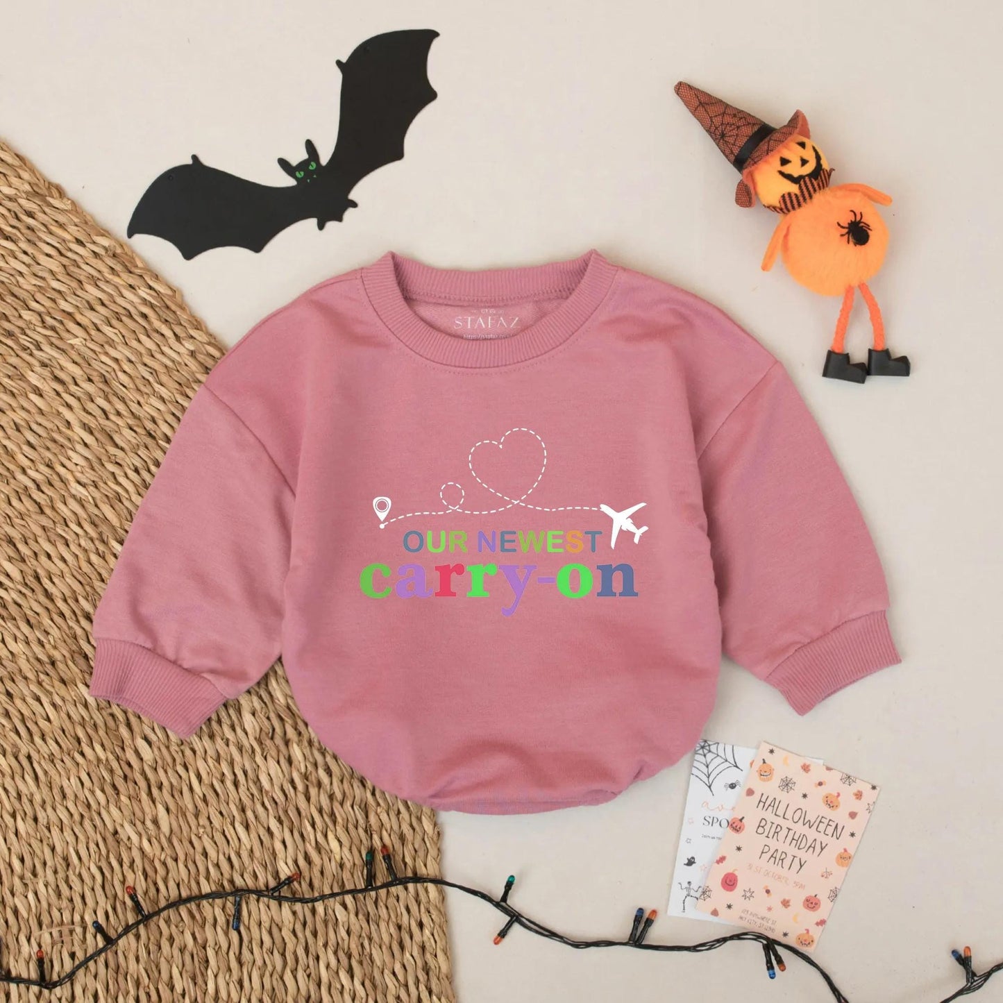 OUR NEWEST Carry-On Baby Romper for Tiny Travelers featuring a Purple Pin Airplane and Heart Flight Path Newborn Airport Bodysuit Baby Shower Gift for Globetrotters