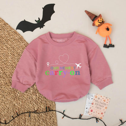 OUR NEWEST Carry-On Baby Romper for Tiny Travelers featuring a Purple Pin Airplane and Heart Flight Path Newborn Airport Bodysuit Baby Shower Gift for Globetrotters