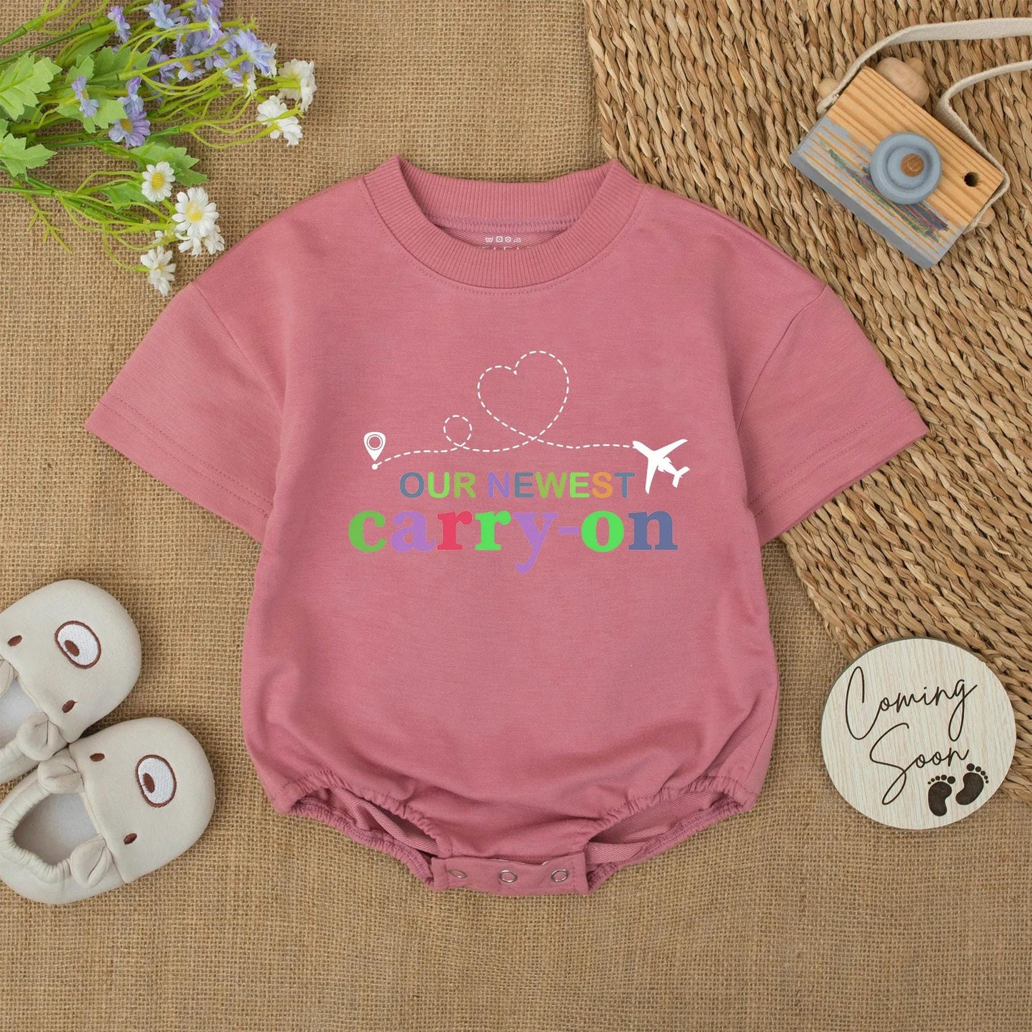 OUR NEWEST Carry-On Baby Romper for Tiny Travelers featuring a Purple Pin Airplane and Heart Flight Path Newborn Airport Bodysuit Baby Shower Gift for Globetrotters
