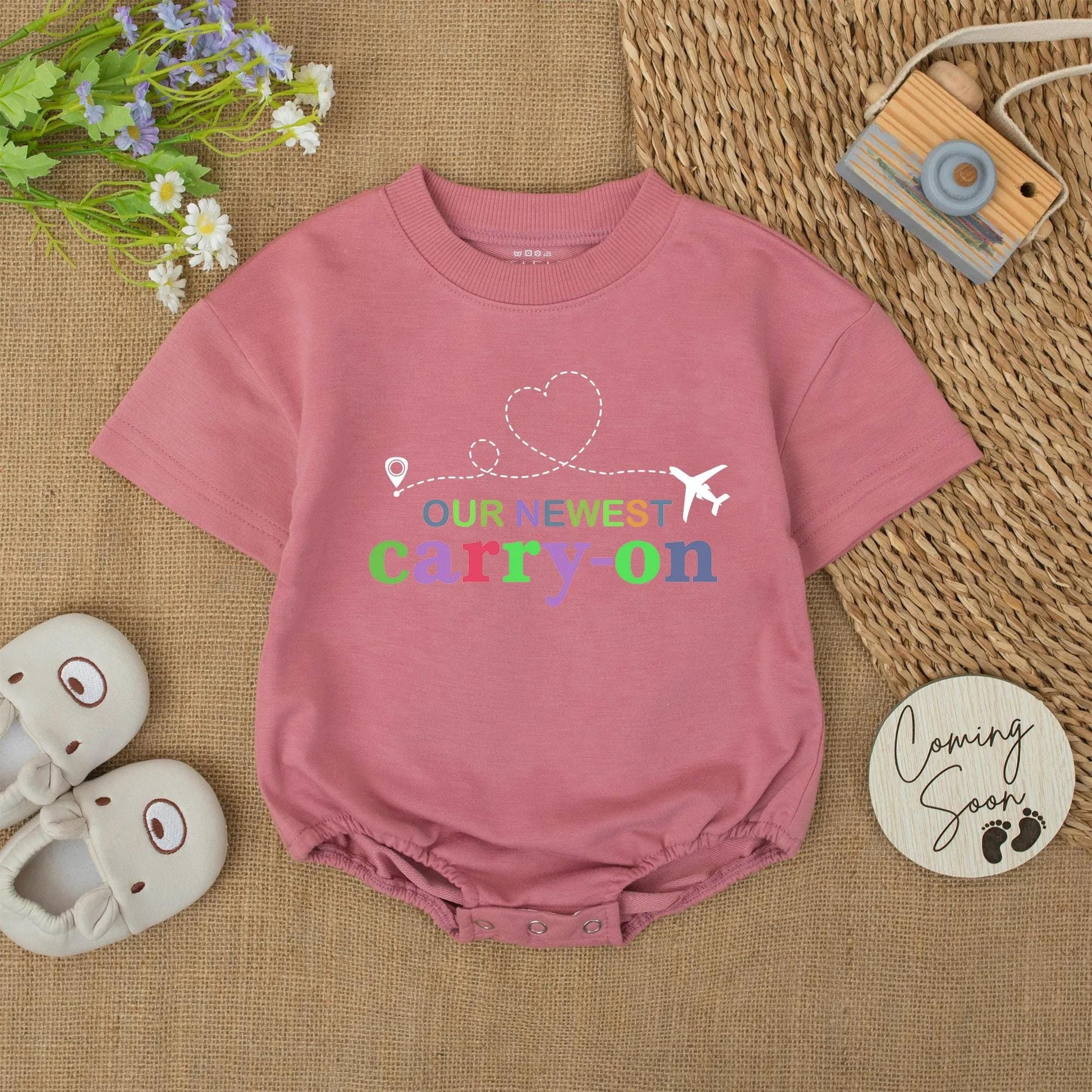 OUR NEWEST Carry-On Baby Romper for Tiny Travelers featuring a Purple Pin Airplane and Heart Flight Path Newborn Airport Bodysuit Baby Shower Gift for Globetrotters