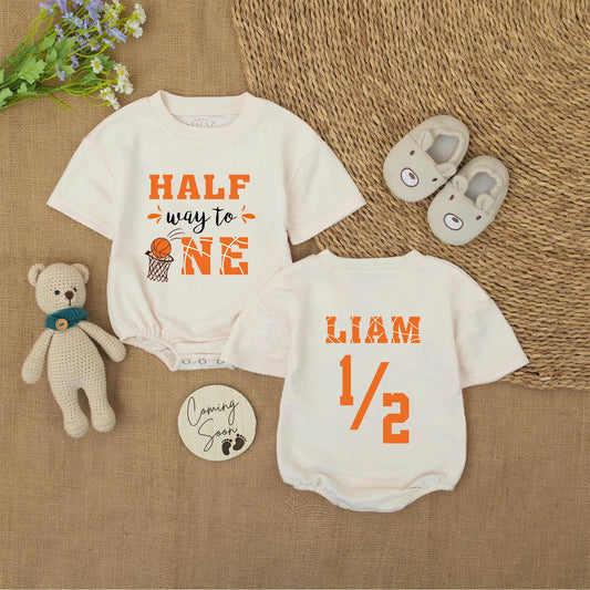 Halfway to One Basketball Baby Romper 6 Month Outfit Personalized Liam Boy Half Birthday Gift