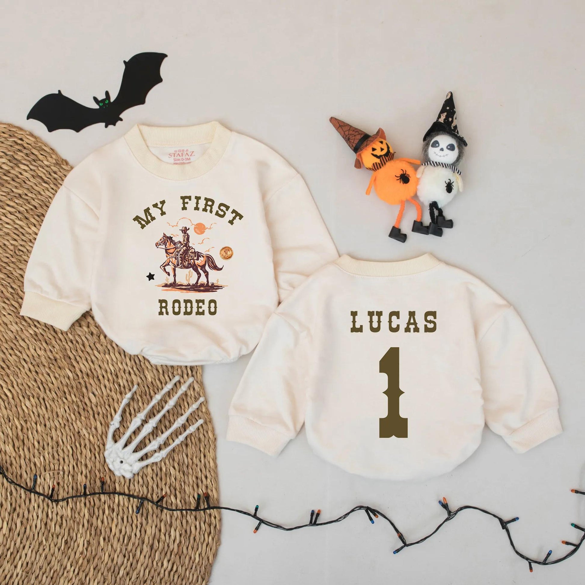 My First Rodeo Baby Bodysuit, Personalized Cowboy 1st Birthday Outfit, Western Romper with Name LUCAS, Country Baby Shower Gift Brown and Orange 135