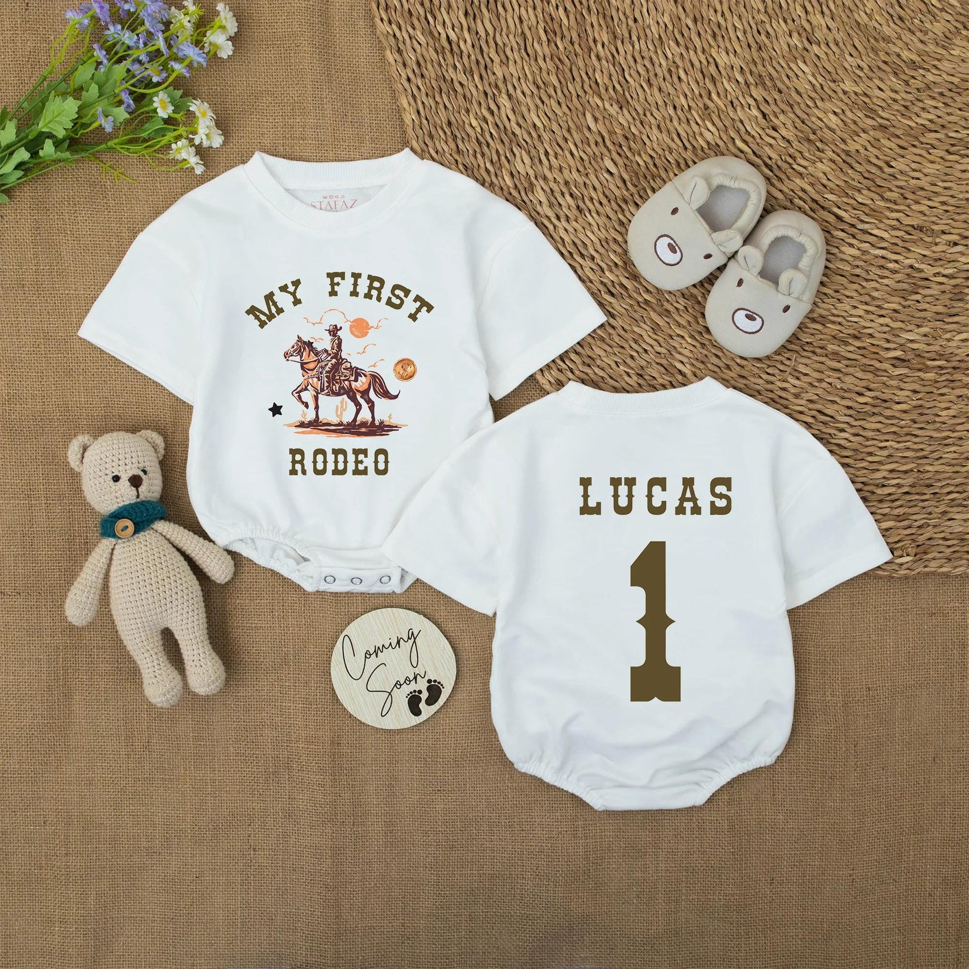 My First Rodeo Baby Bodysuit, Personalized Cowboy 1st Birthday Outfit, Western Romper with Name LUCAS, Country Baby Shower Gift Brown and Orange 135