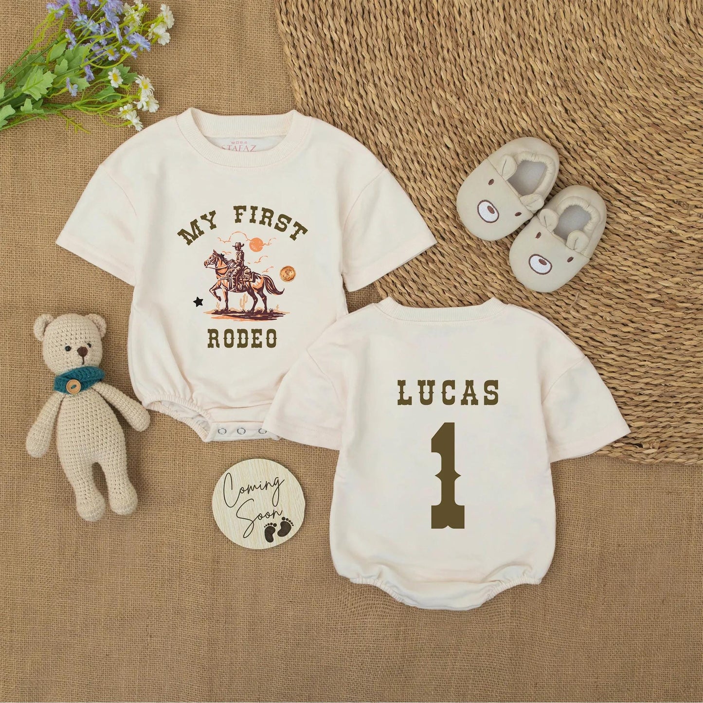 My First Rodeo Baby Bodysuit, Personalized Cowboy 1st Birthday Outfit, Western Romper with Name LUCAS, Country Baby Shower Gift Brown and Orange 135