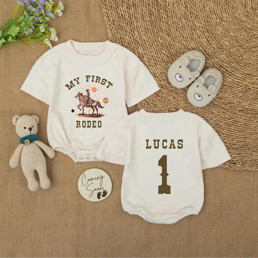 My First Rodeo Baby Bodysuit, Personalized Cowboy 1st Birthday Outfit, Western Romper with Name LUCAS, Country Baby Shower Gift Brown and Orange 135