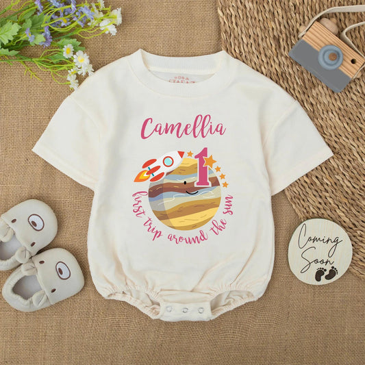 First Trip Around the Sun Baby Romper Custom Name 1st Birthday Outfit Rocket Planet Girl Bodysuit Camellia's First Year Gift