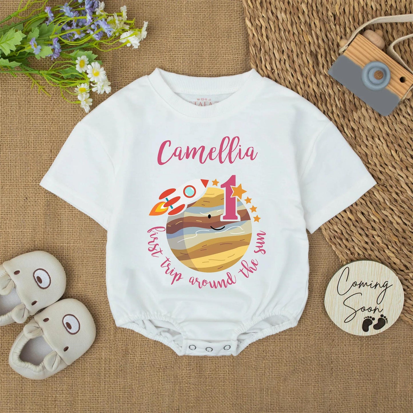 First Trip Around the Sun Baby Romper Custom Name 1st Birthday Outfit Rocket Planet Girl Bodysuit Camellia's First Year Gift