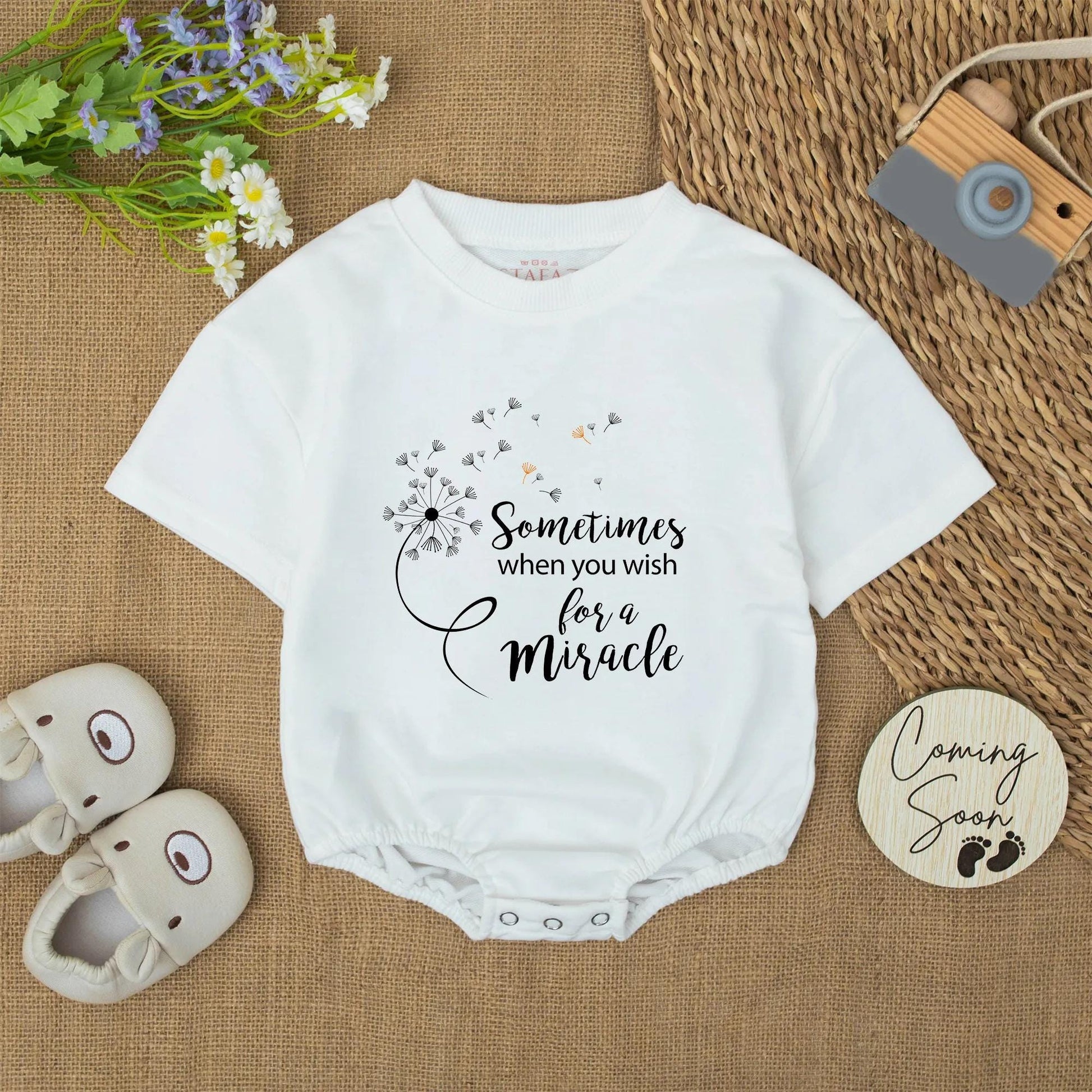 Miracle Dandelion Baby Romper, Inspirational Wish Newborn Onesie, Orange Seed Rainbow Outfit, Sweet Shower Gift, Whimsical Bodysuit, Black Graphic 138