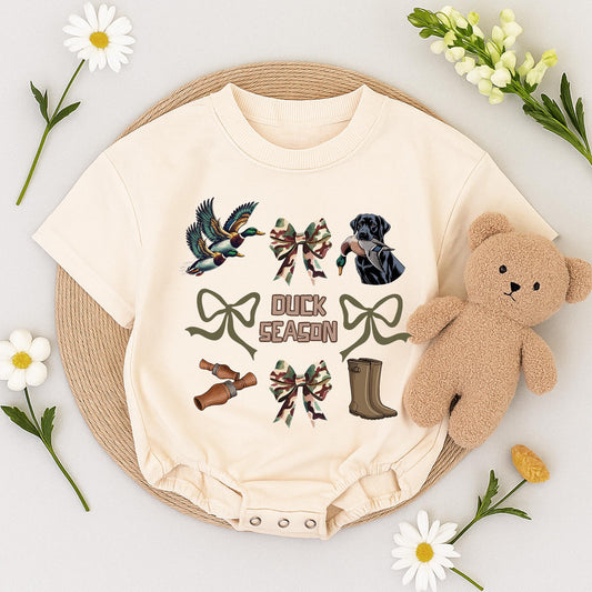 Duck Season Baby Romper: Camo Bows & Hunting Fun! Newborn Bodysuit Outfit, Outdoorsy Fall Gift, Labrador & Duckling Graphic Sweatshirt, Playful Coquette 139