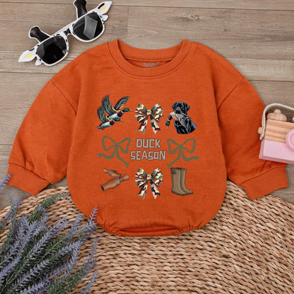 Duck Season Baby Romper: Camo Bows & Hunting Fun! Newborn Bodysuit Outfit, Outdoorsy Fall Gift, Labrador & Duckling Graphic Sweatshirt, Playful Coquette 139