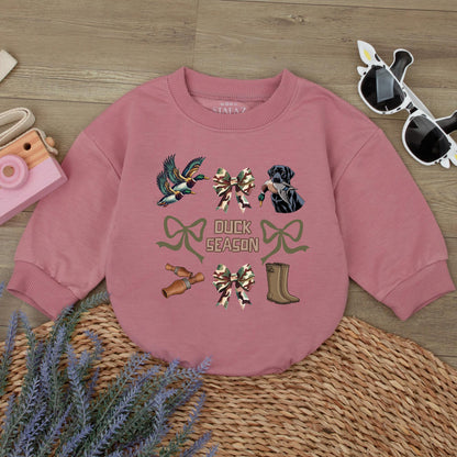Duck Season Baby Romper: Camo Bows & Hunting Fun! Newborn Bodysuit Outfit, Outdoorsy Fall Gift, Labrador & Duckling Graphic Sweatshirt, Playful Coquette 139