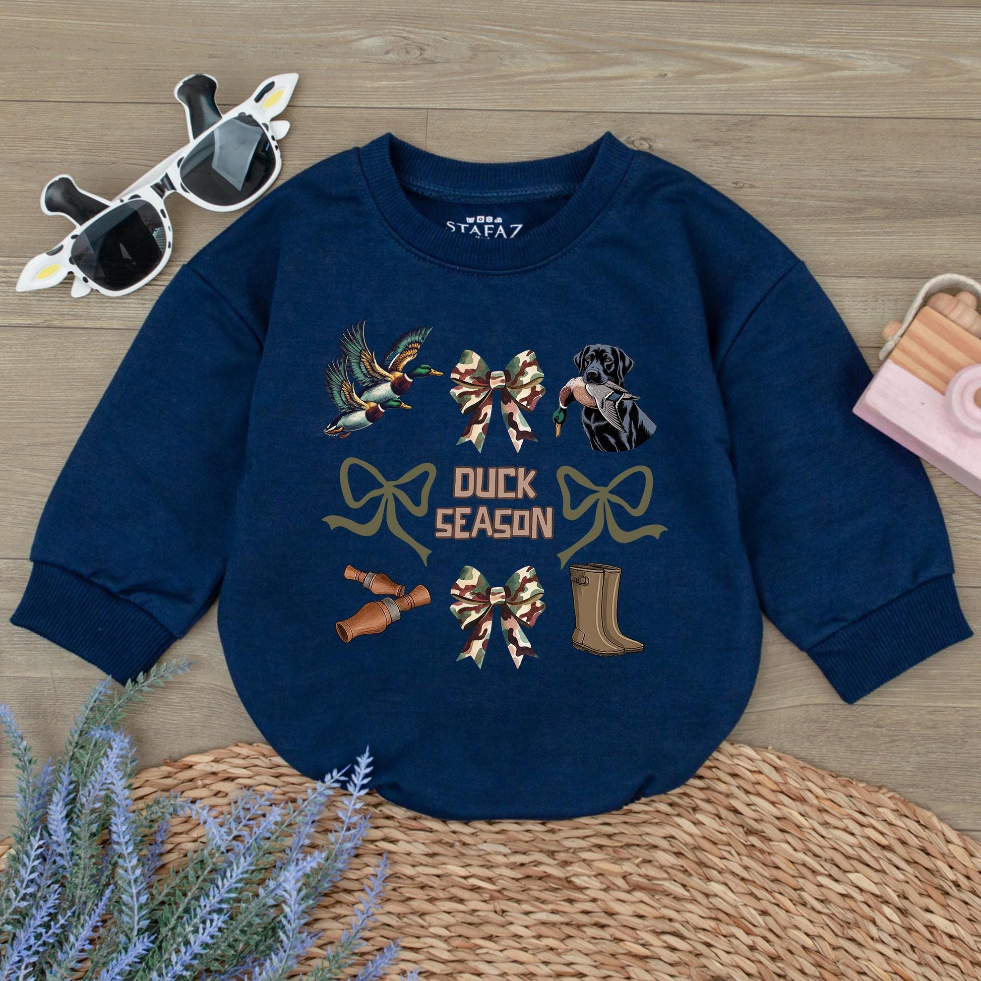 Duck Season Baby Romper: Camo Bows & Hunting Fun! Newborn Bodysuit Outfit, Outdoorsy Fall Gift, Labrador & Duckling Graphic Sweatshirt, Playful Coquette 139