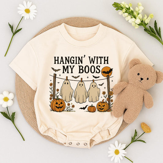 Hangin' With My Boos Halloween Romper Funny Ghost Baby Outfit, Pumpkin Bat Design, Autumn Colors Bodysuit, Cute Spooky Season Gift (138 chars)