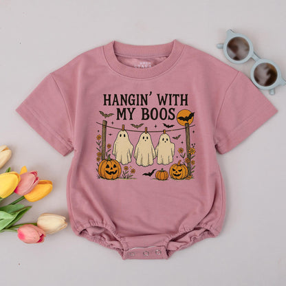 Hangin' With My Boos Halloween Romper Funny Ghost Baby Outfit, Pumpkin Bat Design, Autumn Colors Bodysuit, Cute Spooky Season Gift (138 chars)