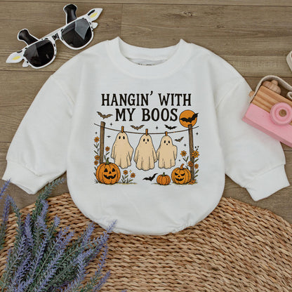 Hangin' With My Boos Halloween Romper Funny Ghost Baby Outfit, Pumpkin Bat Design, Autumn Colors Bodysuit, Cute Spooky Season Gift (138 chars)