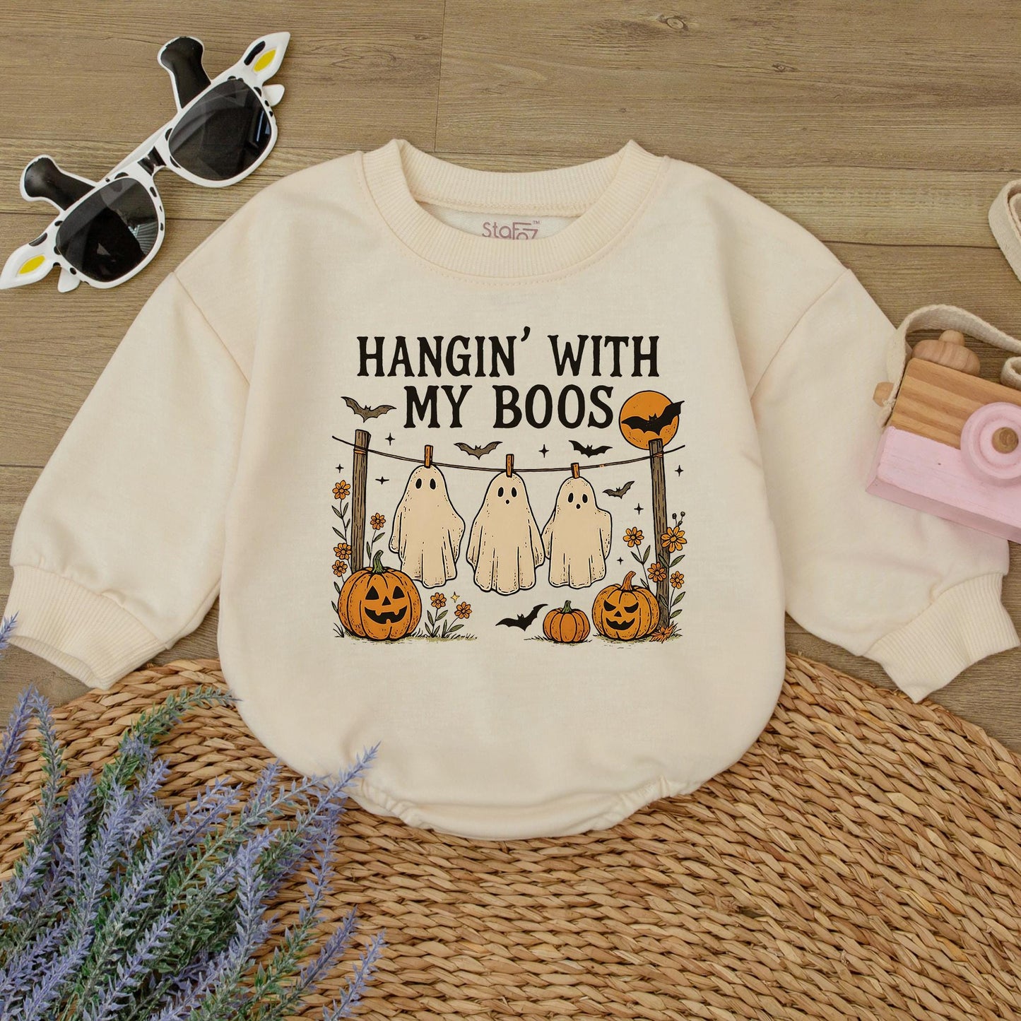 Hangin' With My Boos Halloween Romper Funny Ghost Baby Outfit, Pumpkin Bat Design, Autumn Colors Bodysuit, Cute Spooky Season Gift (138 chars)