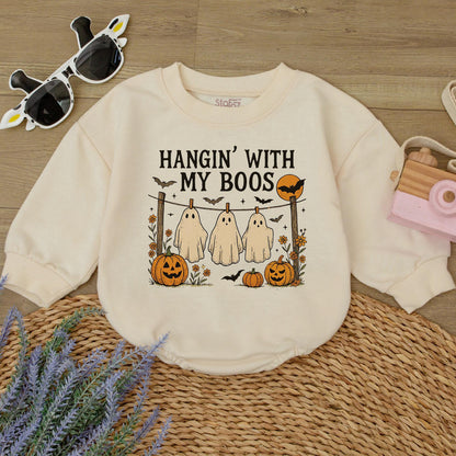 Hangin' With My Boos Halloween Romper Funny Ghost Baby Outfit, Pumpkin Bat Design, Autumn Colors Bodysuit, Cute Spooky Season Gift (138 chars)