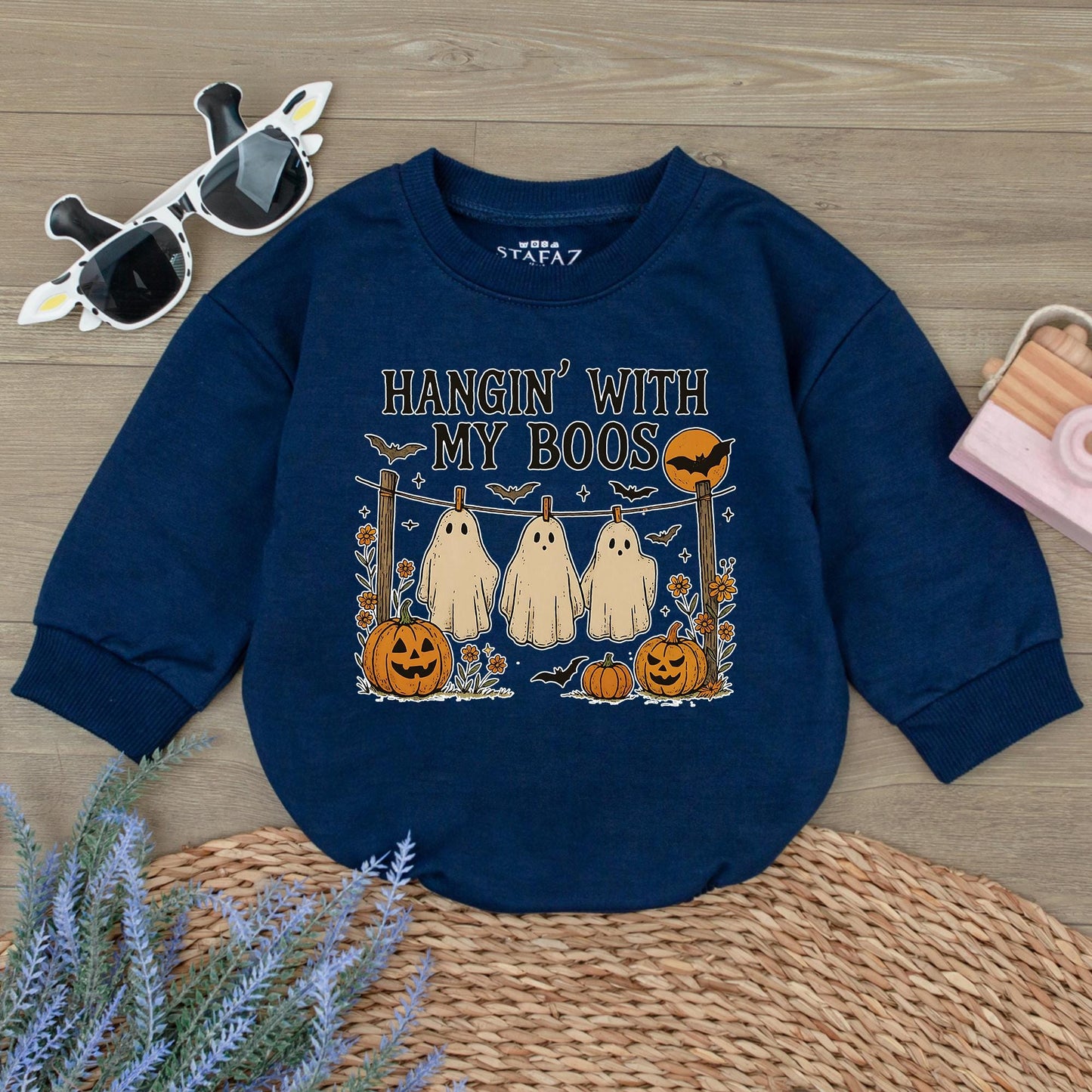 Hangin' With My Boos Halloween Romper Funny Ghost Baby Outfit, Pumpkin Bat Design, Autumn Colors Bodysuit, Cute Spooky Season Gift (138 chars)