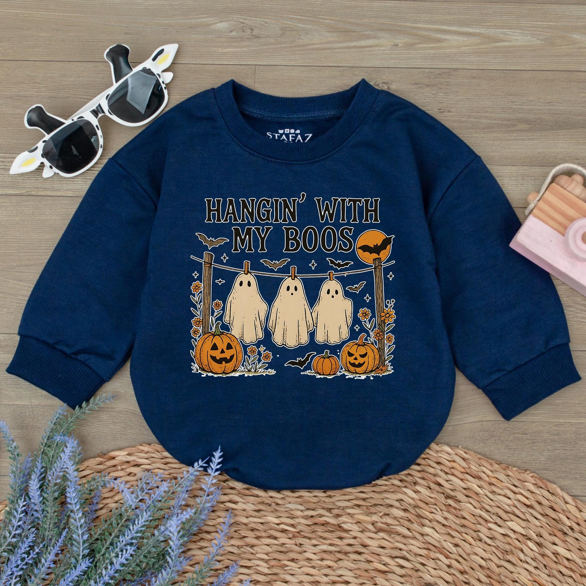 Hangin' With My Boos Halloween Romper Funny Ghost Baby Outfit, Pumpkin Bat Design, Autumn Colors Bodysuit, Cute Spooky Season Gift (138 chars)