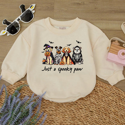 Spooky Paw Baby Romper Sweatshirt with Funny Dog Halloween Costume Design featuring Witch Mummy Vampire Skeleton Pups & Pumpkins for Fall Baby Boy Girl Gift