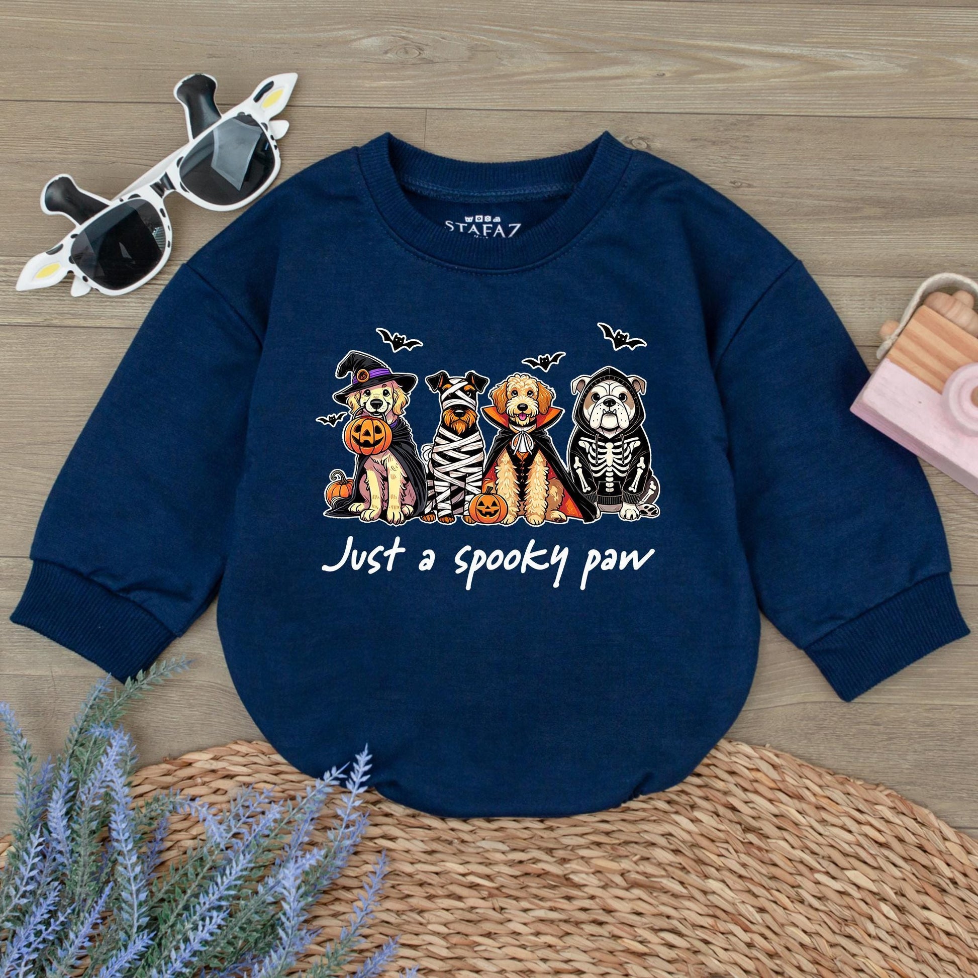 Spooky Paw Baby Romper Sweatshirt with Funny Dog Halloween Costume Design featuring Witch Mummy Vampire Skeleton Pups & Pumpkins for Fall Baby Boy Girl Gift