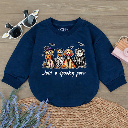 Spooky Paw Baby Romper Sweatshirt with Funny Dog Halloween Costume Design featuring Witch Mummy Vampire Skeleton Pups & Pumpkins for Fall Baby Boy Girl Gift