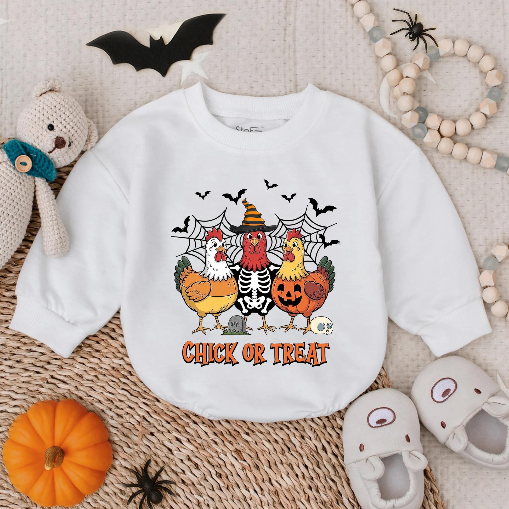 Funny Chick or Treat Halloween Baby Bubble Romper with Cartoon Chicken Skeleton Pumpkin Bats Cobwebs Cute Infant Toddler Costume