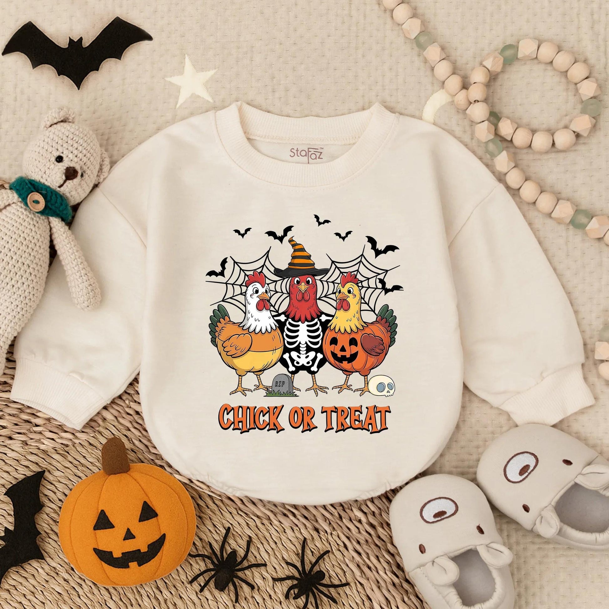 Funny Chick or Treat Halloween Baby Bubble Romper with Cartoon Chicken Skeleton Pumpkin Bats Cobwebs Cute Infant Toddler Costume